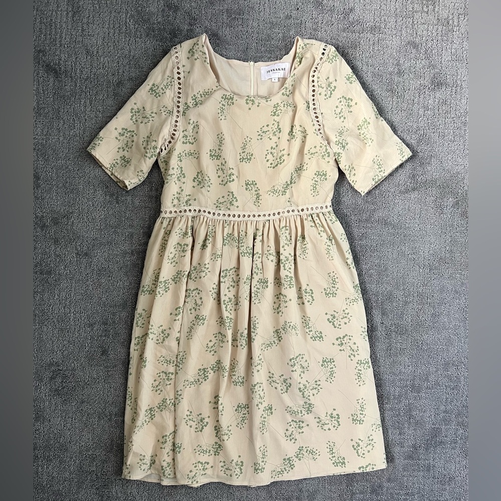 Floral Cream Dress with Green Accents